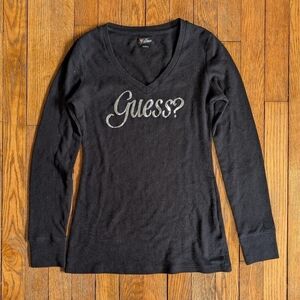 Vintage Y2k Guess Sequin Logo Black Long Sleeve Shirt